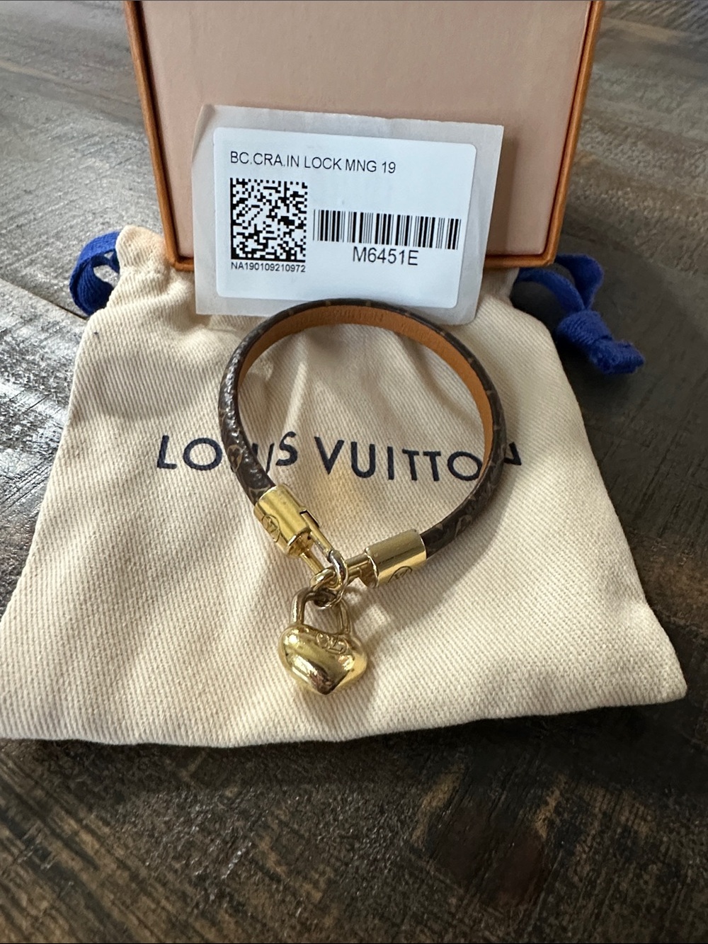 Louis Vuitton Brown Monogram Leather Bracelet with Gold Heart Charm